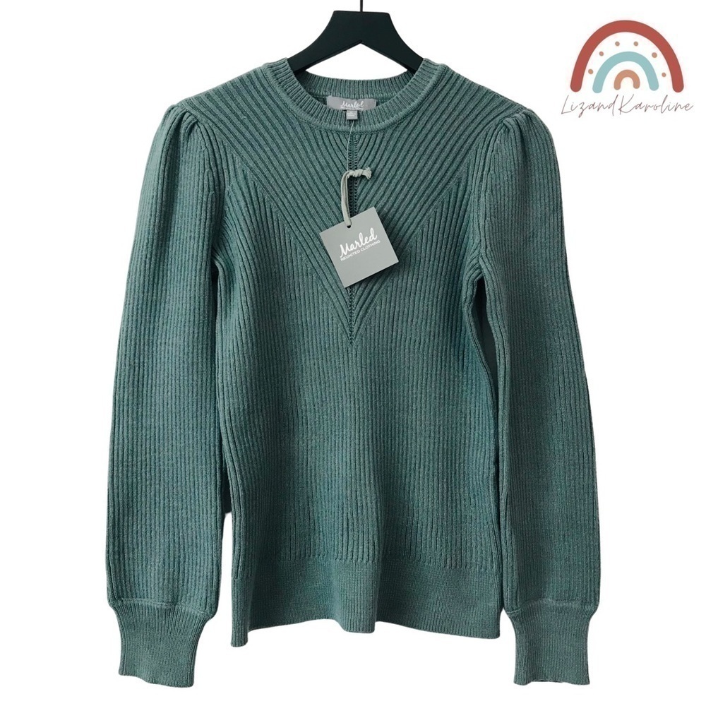 New! Marled Ribbed Knit Ballon Puff Sleeve Crewneck Sage Green Sweater